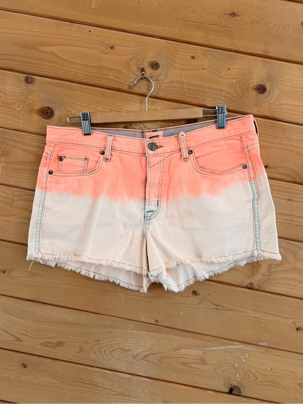 HUDSON Neon Orange Moss Mid Rise Raw Edge Hem Frayed Shorts Dip Dye Denim 29